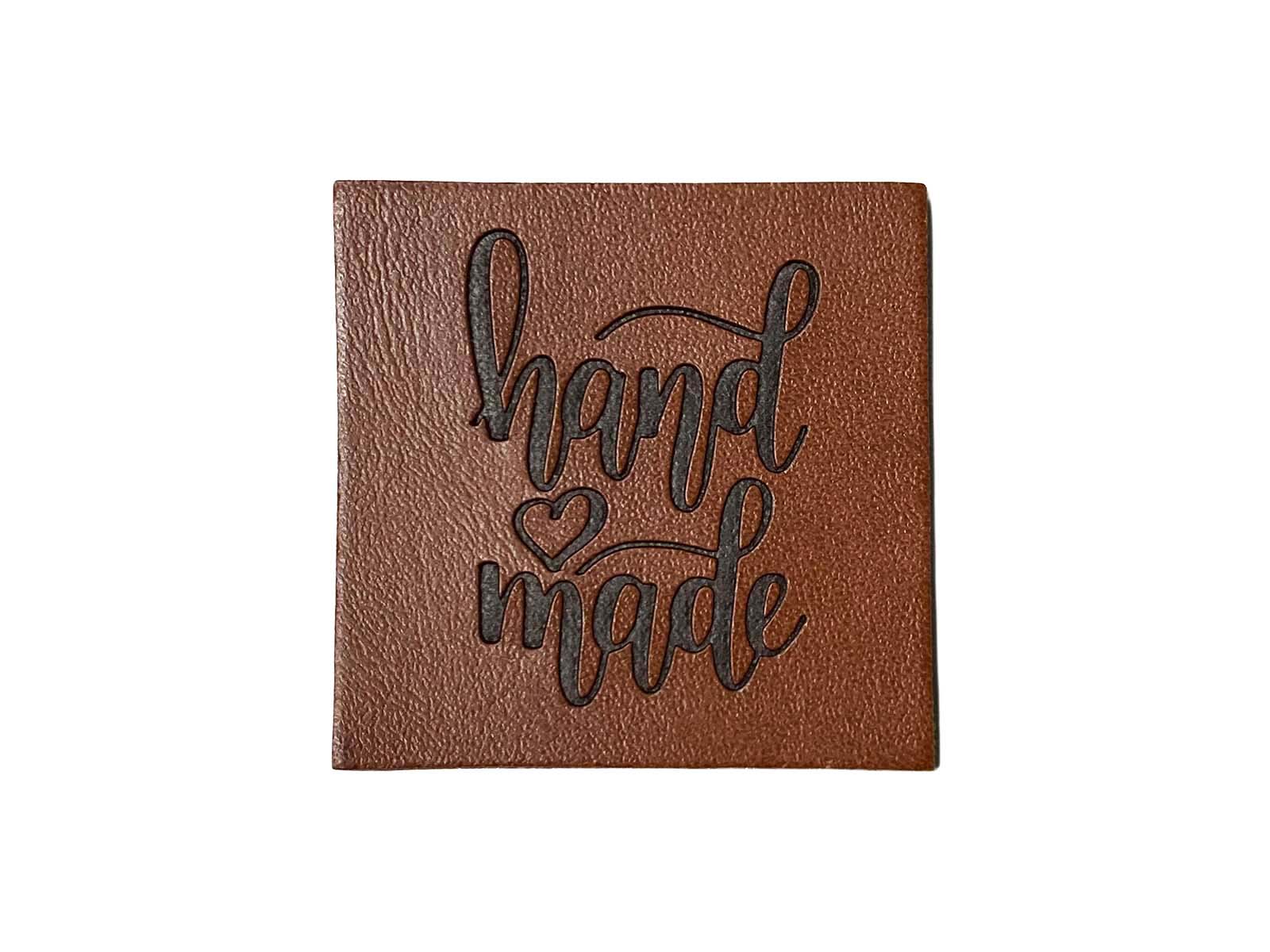 Label aus Kunstleder - "handmade" mit Herz in dunkelbraun